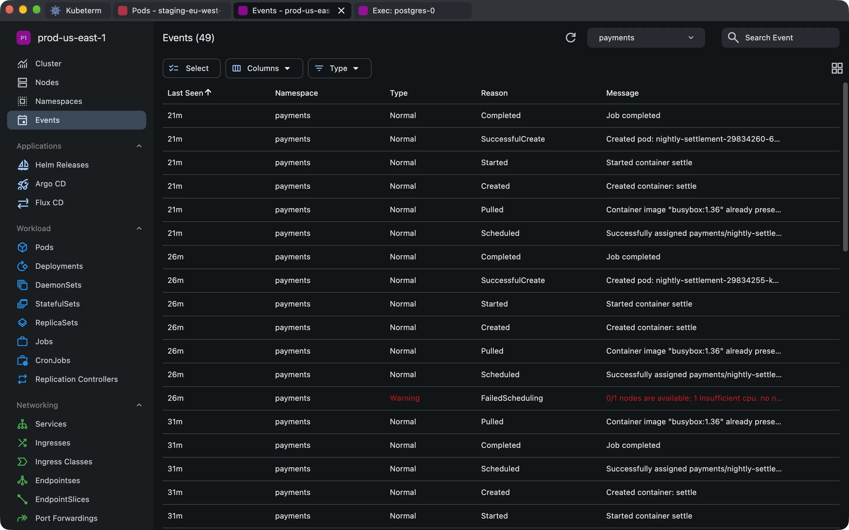The Kubeterm events list filtered to the payments namespace, with a FailedScheduling warning reading 0/1 nodes are available: 1 Insufficient cpu.