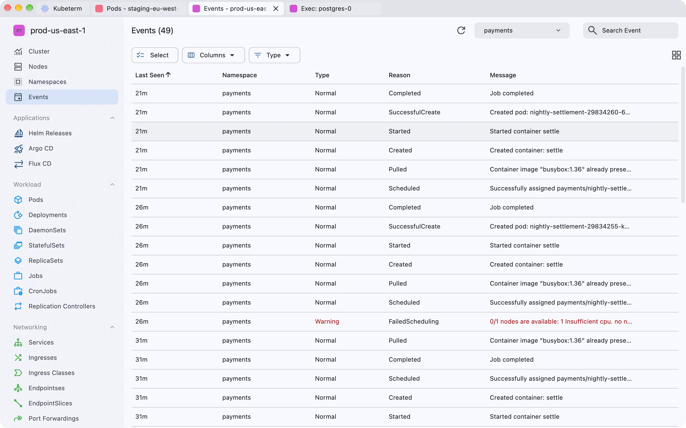 The Kubeterm events list filtered to the payments namespace, with a FailedScheduling warning reading 0/1 nodes are available: 1 Insufficient cpu.